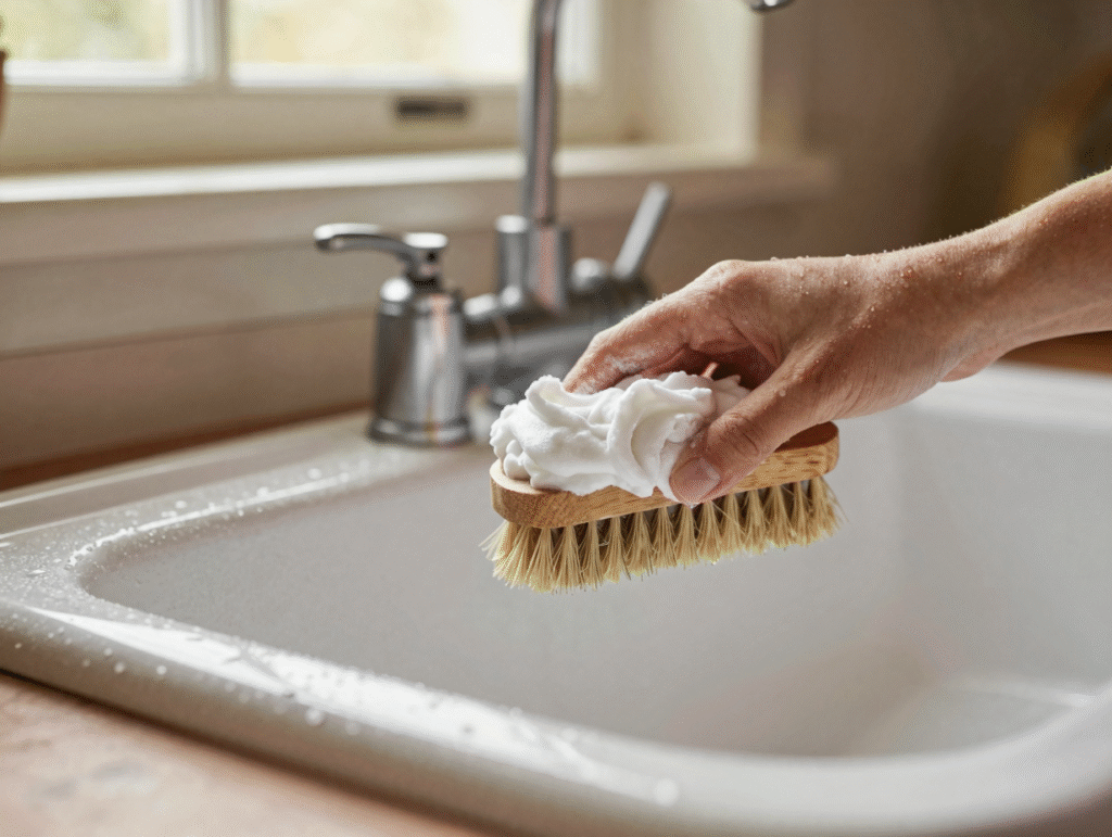 Pâte de bicarbonate sur un évier en émail blanc, frottée avec une brosse en bois