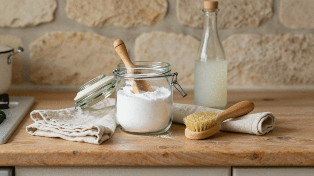 Bocal en verre de bicarbonate de soude avec une cuillère en bois, chiffons en lin et brosse naturelle sur un plan de travail rustique