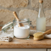 Bocal en verre de bicarbonate de soude avec une cuillère en bois, chiffons en lin et brosse naturelle sur un plan de travail rustique