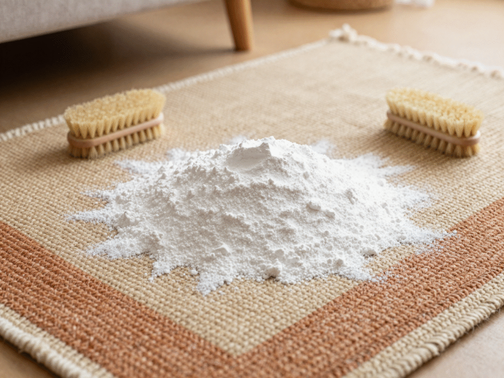Bicarbonate saupoudré sur un tapis en laine à motifs, avec une brosse posée à côté