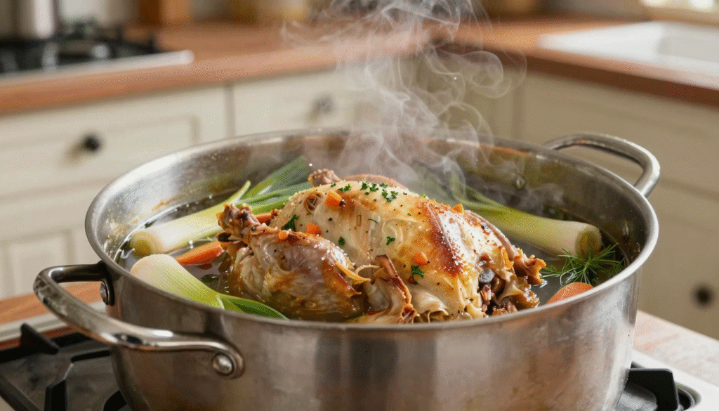 Marmite de bouillon maison frémissant avec carcasse de poulet et parures de légumes
