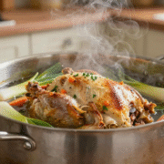 Marmite de bouillon maison frémissant avec carcasse de poulet et parures de légumes
