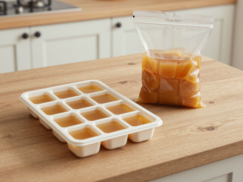 Bac à glaçons rempli de bouillon concentré doré et sachet de cubes congelés