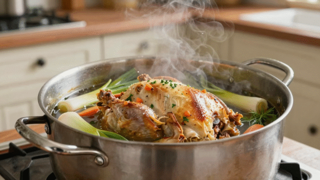 Marmite de bouillon maison frémissant avec carcasse de poulet et parures de légumes