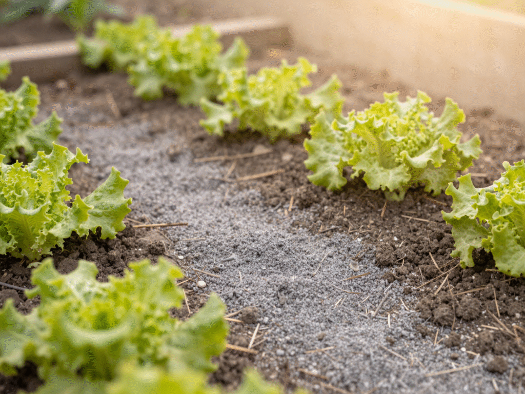 Cordon de cendre de bois autour de jeunes salades au potager