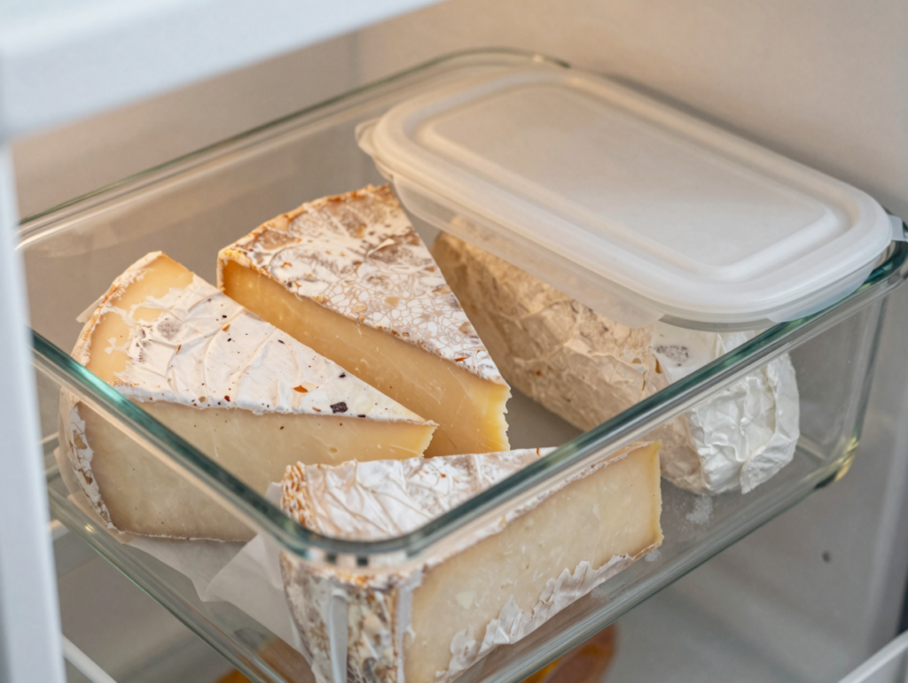Fromages enveloppés de papier rangés dans une boîte aérée au bac à légumes du réfrigérateur