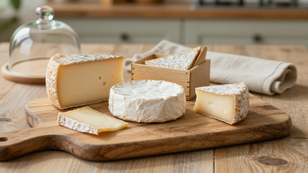 Plateau de fromages français enveloppés dans du papier fromager sur une table de cuisine rustique
