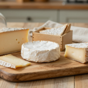 Plateau de fromages français enveloppés dans du papier fromager sur une table de cuisine rustique