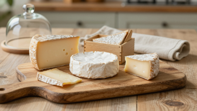 Plateau de fromages français enveloppés dans du papier fromager sur une table de cuisine rustique