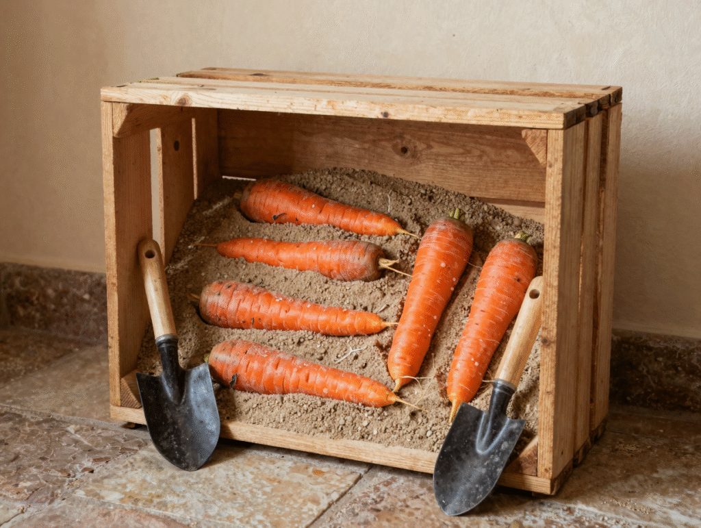 Carottes conservées en couches dans une caisse de sable à la cave