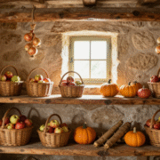 Cave en pierre avec paniers de pommes, courges et tresses d'oignons suspendues aux poutres