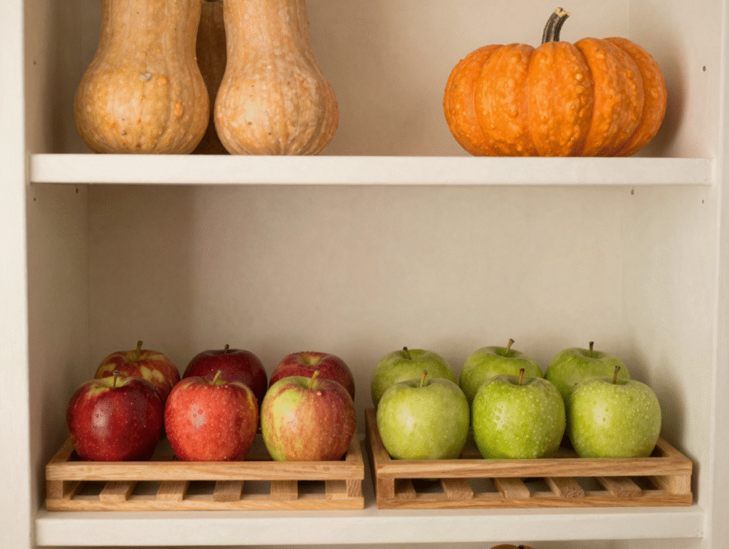 Pommes espacées sur des clayettes en bois et courges sur une étagère de cellier