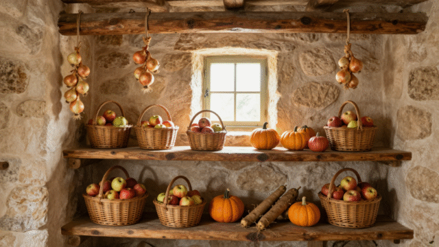Cave en pierre avec paniers de pommes, courges et tresses d'oignons suspendues aux poutres