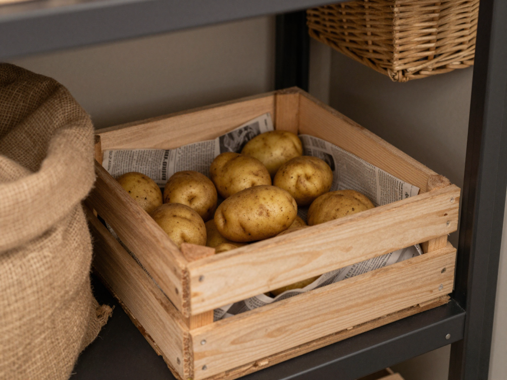 Cagette de pommes de terre tapissée de papier journal dans un cellier sombre