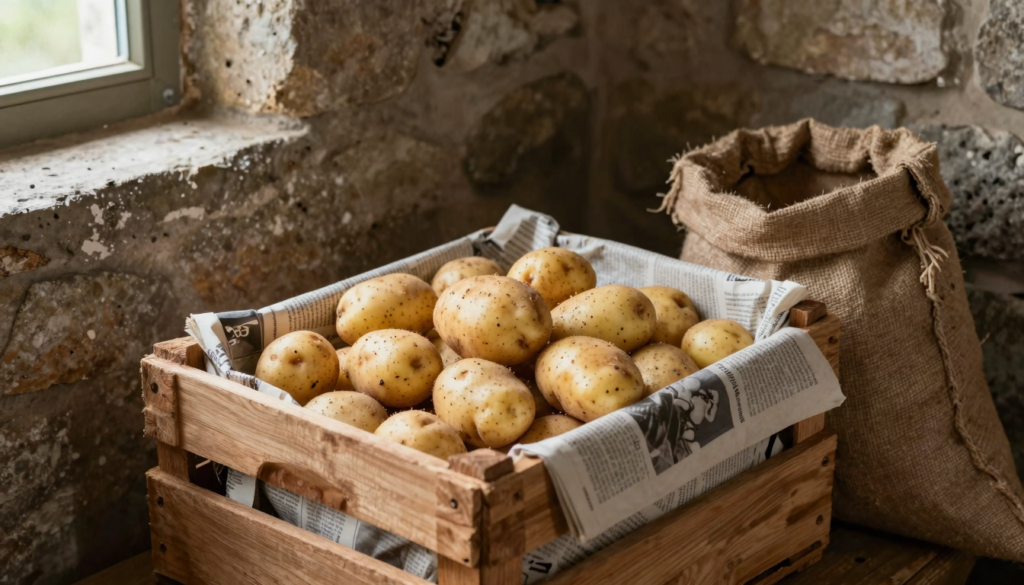 Cagette de pommes de terre dans une cave sombre avec sac en toile de jute