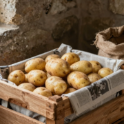 Cagette de pommes de terre dans une cave sombre avec sac en toile de jute