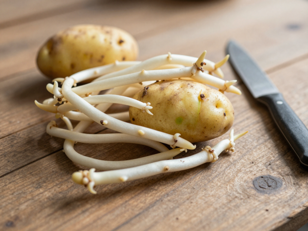Pommes de terre germées et légèrement verdies sur une table en bois