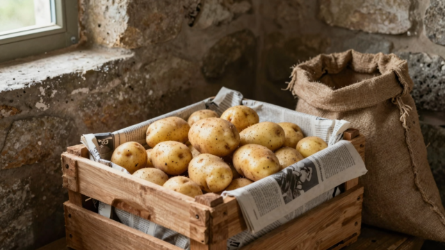 Cagette de pommes de terre dans une cave sombre avec sac en toile de jute