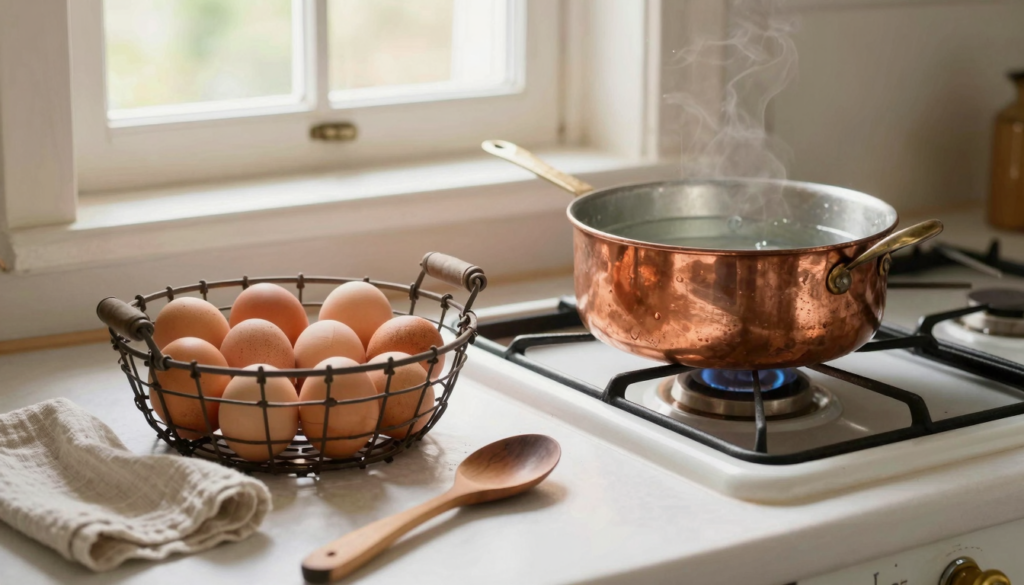 Œufs bruns dans un panier en fil de fer à côté d'une casserole en cuivre d'eau frémissante sur une cuisinière ancienne