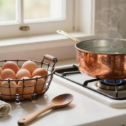 Œufs bruns dans un panier en fil de fer à côté d'une casserole en cuivre d'eau frémissante sur une cuisinière ancienne