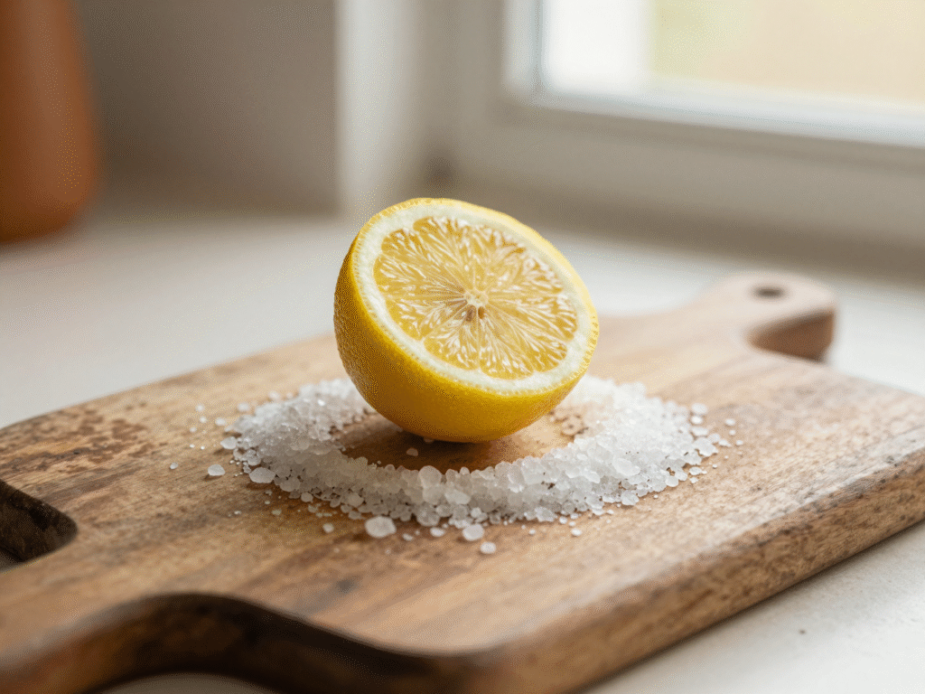 Demi-citron et gros sel sur une planche à découper en bois