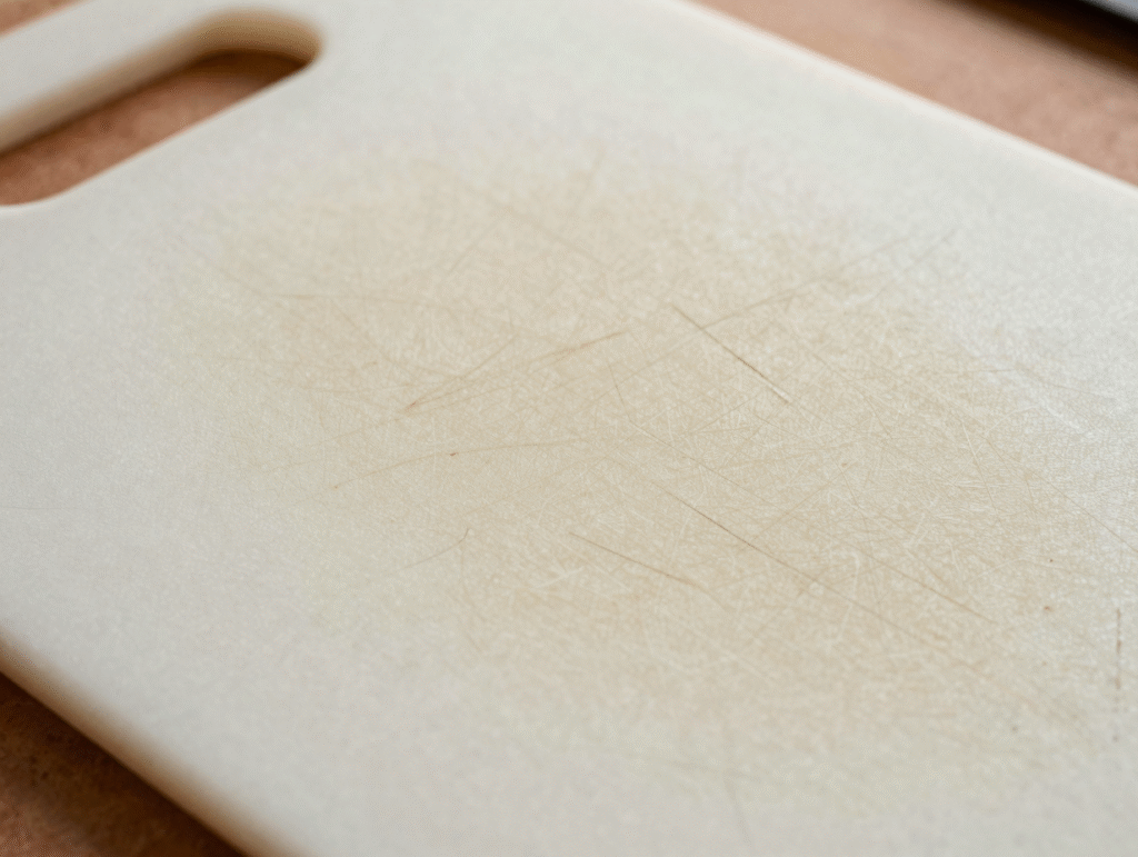 Rainures profondes et grisées sur une planche à découper en plastique
