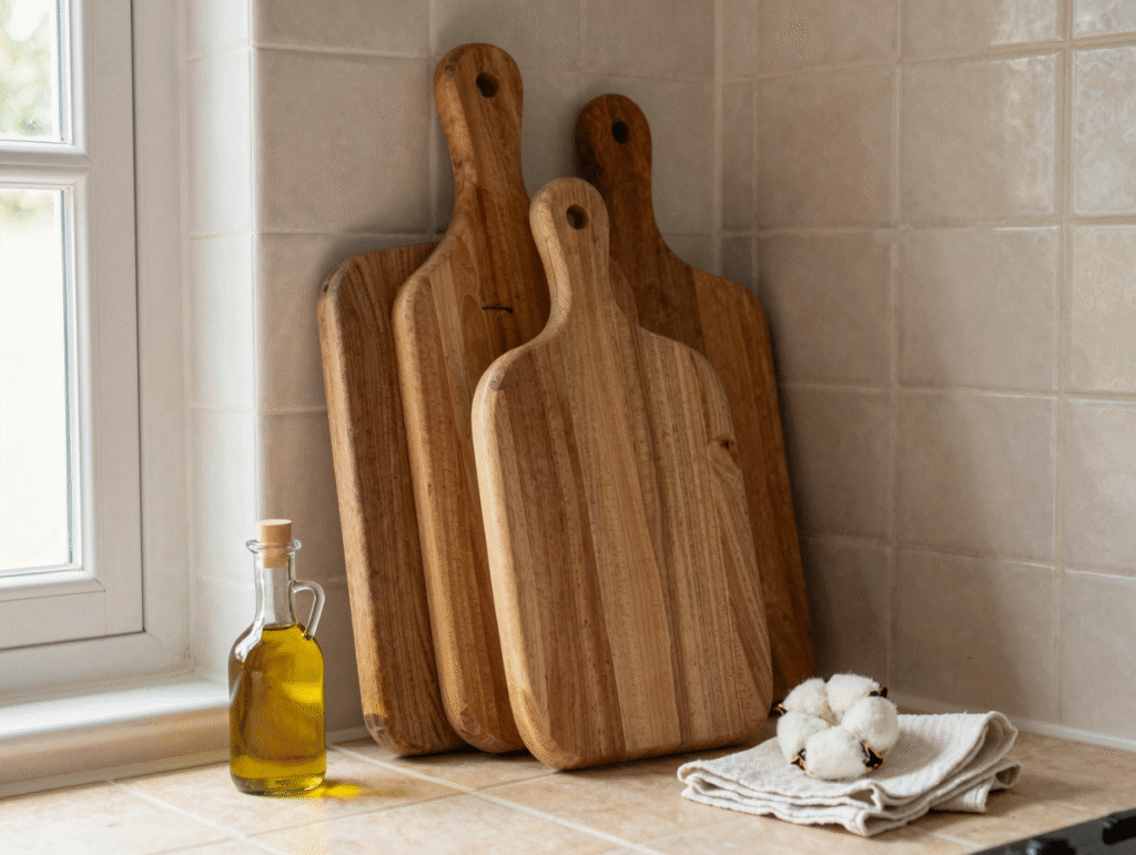 Planches en bois séchant debout contre un mur de cuisine