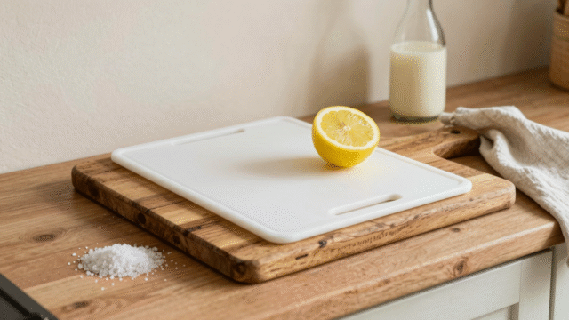 Planche en bois et planche en plastique côte à côte avec citron, gros sel et vinaigre blanc