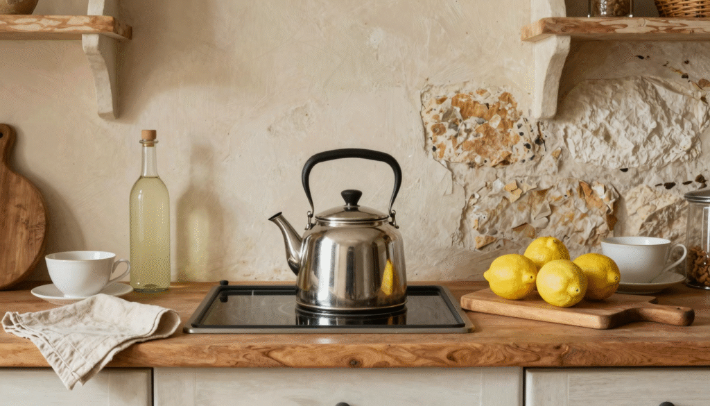 Bouilloire en inox sur un plan de travail rustique avec vinaigre blanc et citrons pour le détartrage