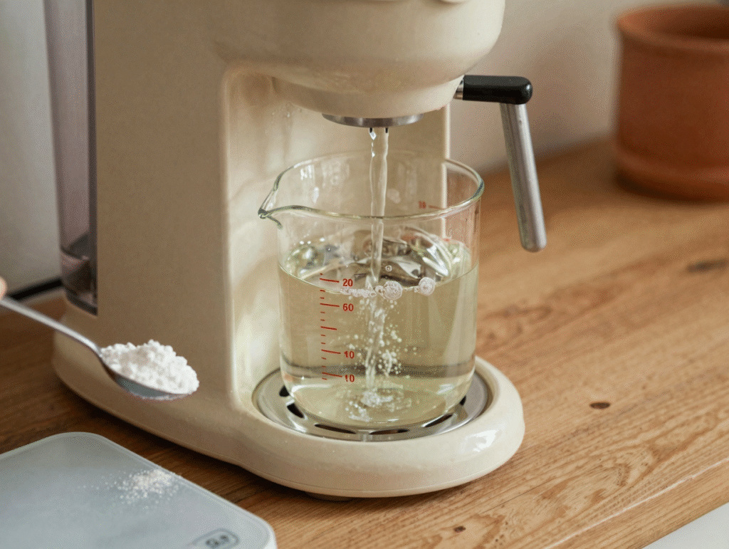 Verre doseur versant du vinaigre blanc dans le réservoir d'une cafetière filtre