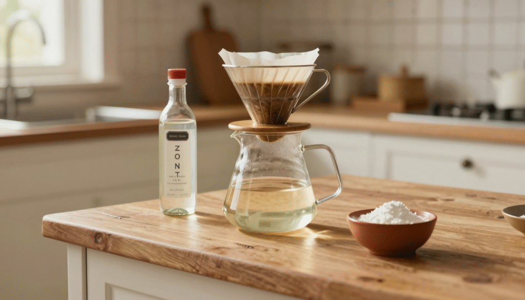 Cafetière filtre sur un plan de travail en bois avec une bouteille de vinaigre blanc et un bol de poudre