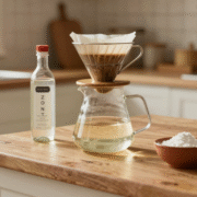 Cafetière filtre sur un plan de travail en bois avec une bouteille de vinaigre blanc et un bol de poudre