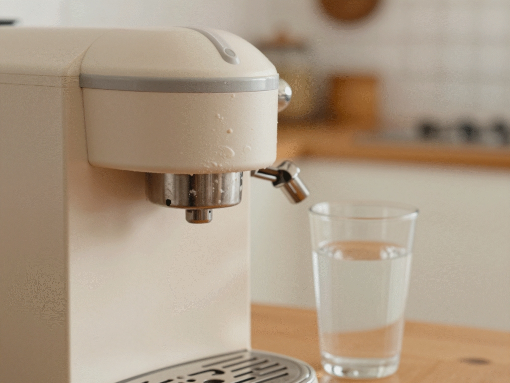 Dépôt blanc de calcaire visible dans le réservoir d'une cafetière