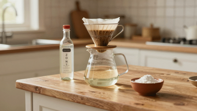 Cafetière filtre sur un plan de travail en bois avec une bouteille de vinaigre blanc et un bol de poudre