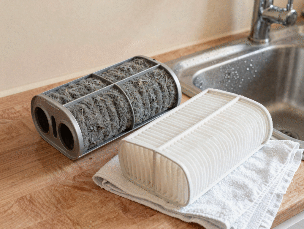 Filtres mousse d'aspirateur, l'un encrassé, l'autre rincé, en train de sécher sur une serviette