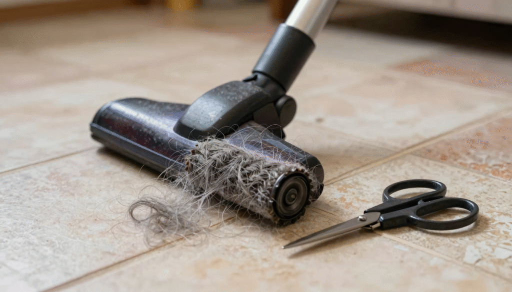 Tête d'aspirateur démontée avec son rouleau et un amas de cheveux retirés posés au sol
