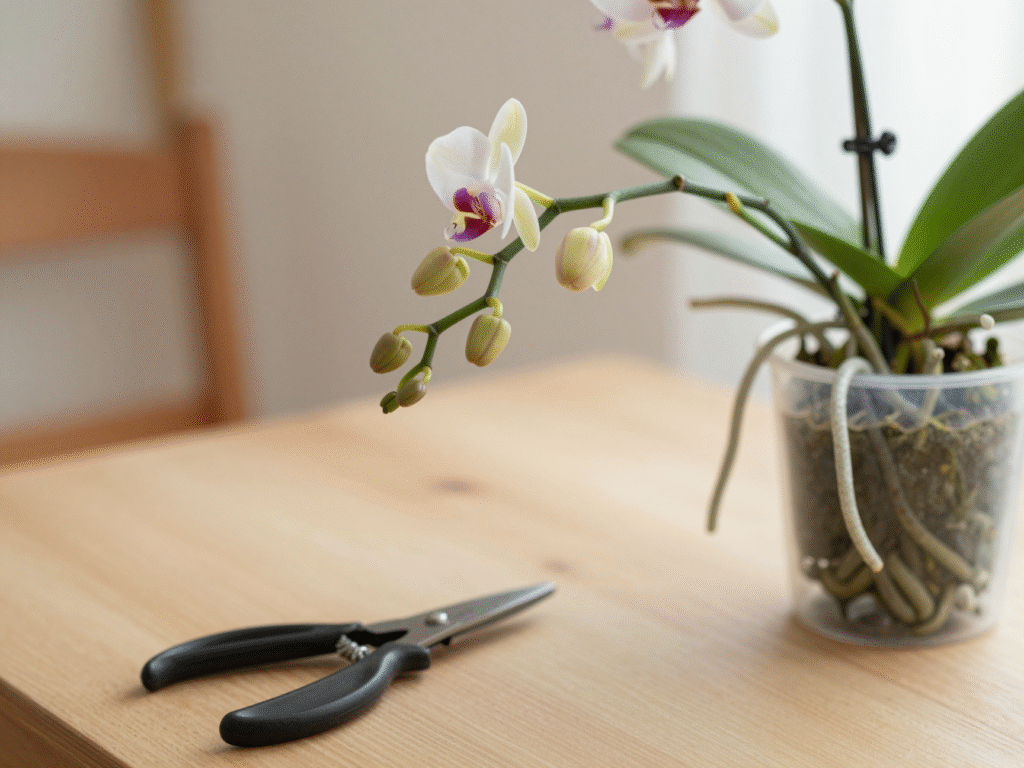 Hampe florale d'orchidée avec ses nœuds bien visibles, petits ciseaux posés à côté