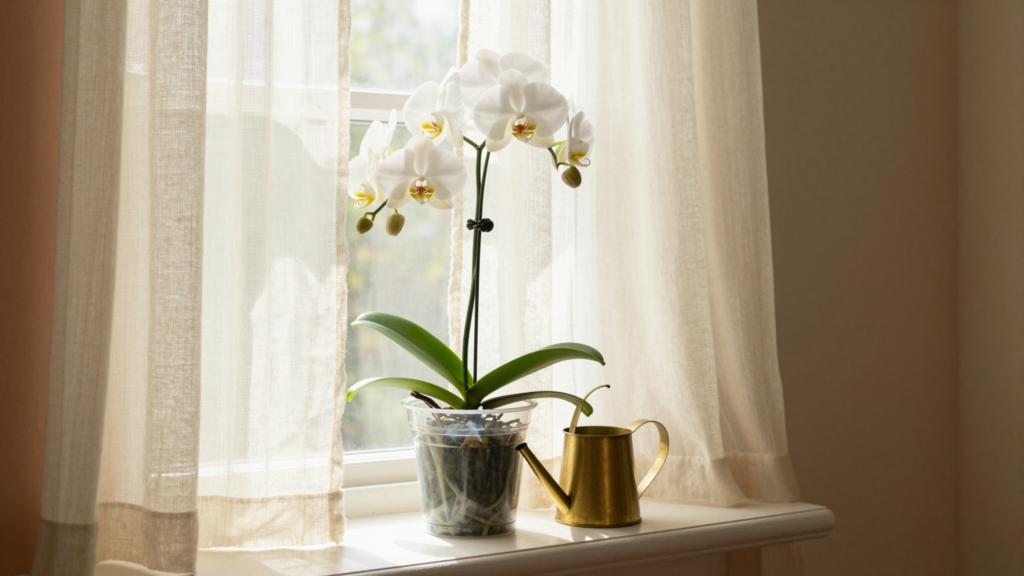 Orchidée phalaenopsis blanche en pleine floraison sur un rebord de fenêtre lumineux