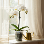 Orchidée phalaenopsis blanche en pleine floraison sur un rebord de fenêtre lumineux