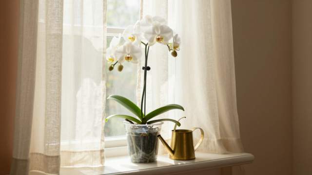 Orchidée phalaenopsis blanche en pleine floraison sur un rebord de fenêtre lumineux