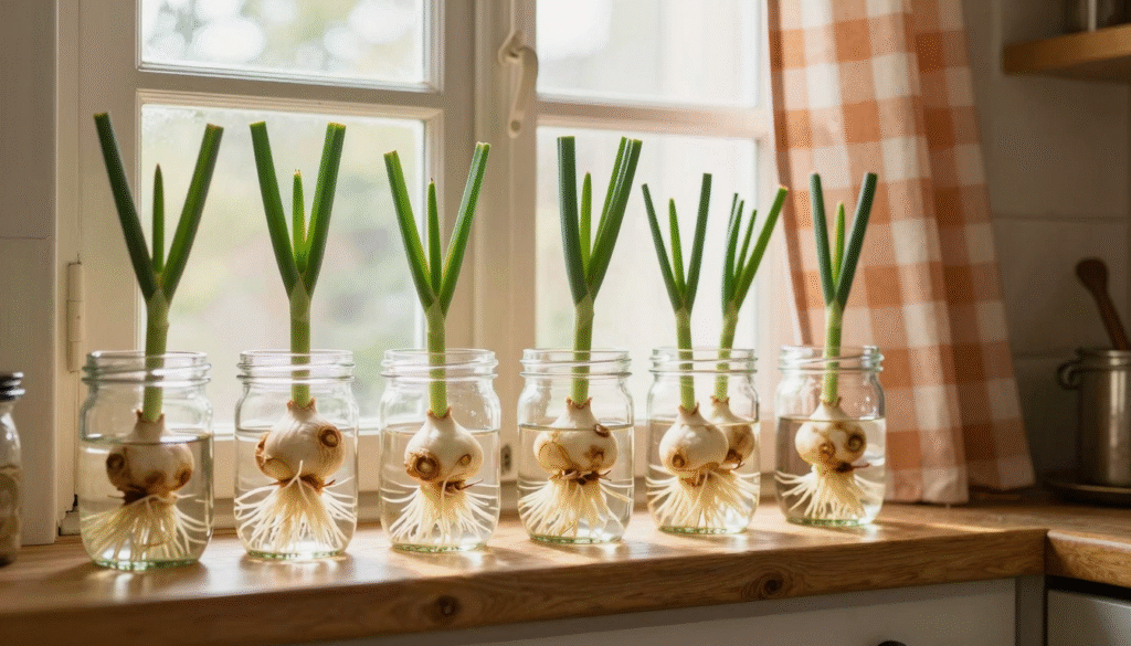 Rangée de bocaux en verre sur un rebord de fenêtre, avec des bases d'oignons verts et de poireaux qui repoussent dans l'eau