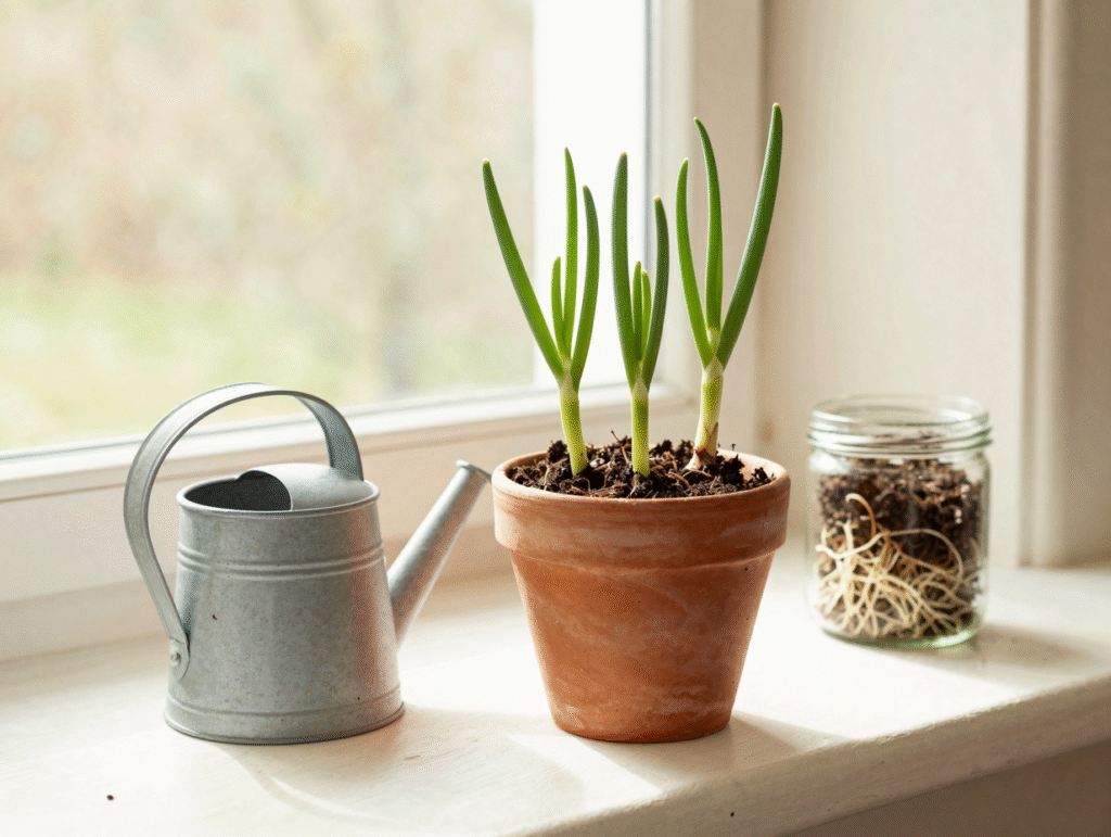 Jeunes oignons verts repiqués dans un petit pot en terre cuite, à côté d'un bocal et d'un arrosoir
