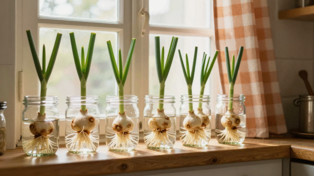 Rangée de bocaux en verre sur un rebord de fenêtre, avec des bases d'oignons verts et de poireaux qui repoussent dans l'eau