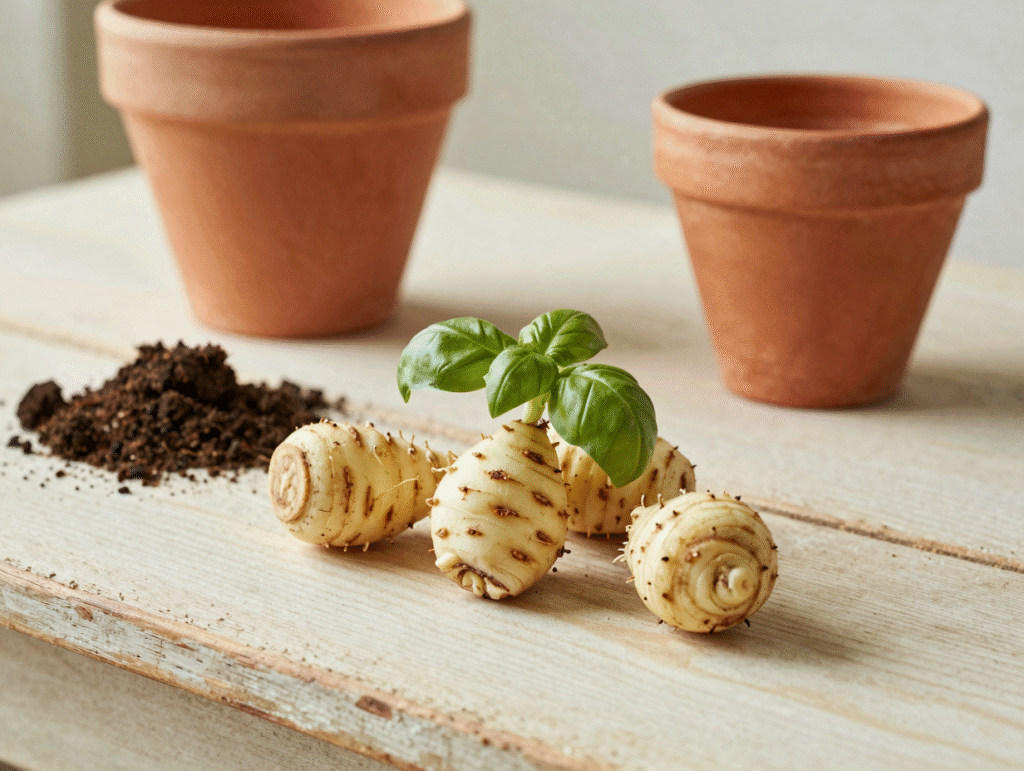 Motte de basilic divisée en trois touffes sur une table en bois, avec pots en terre cuite et terreau