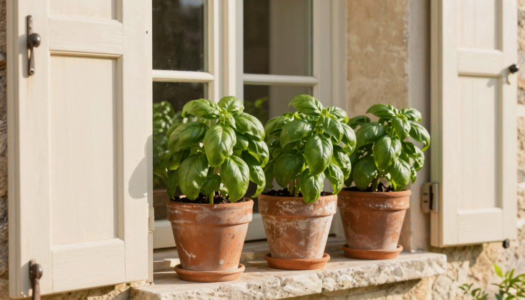 Plants de basilic vigoureux dans des pots en terre cuite sur un rebord de fenêtre en pierre ensoleillé