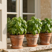 Plants de basilic vigoureux dans des pots en terre cuite sur un rebord de fenêtre en pierre ensoleillé