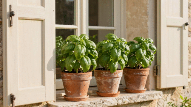 Plants de basilic vigoureux dans des pots en terre cuite sur un rebord de fenêtre en pierre ensoleillé