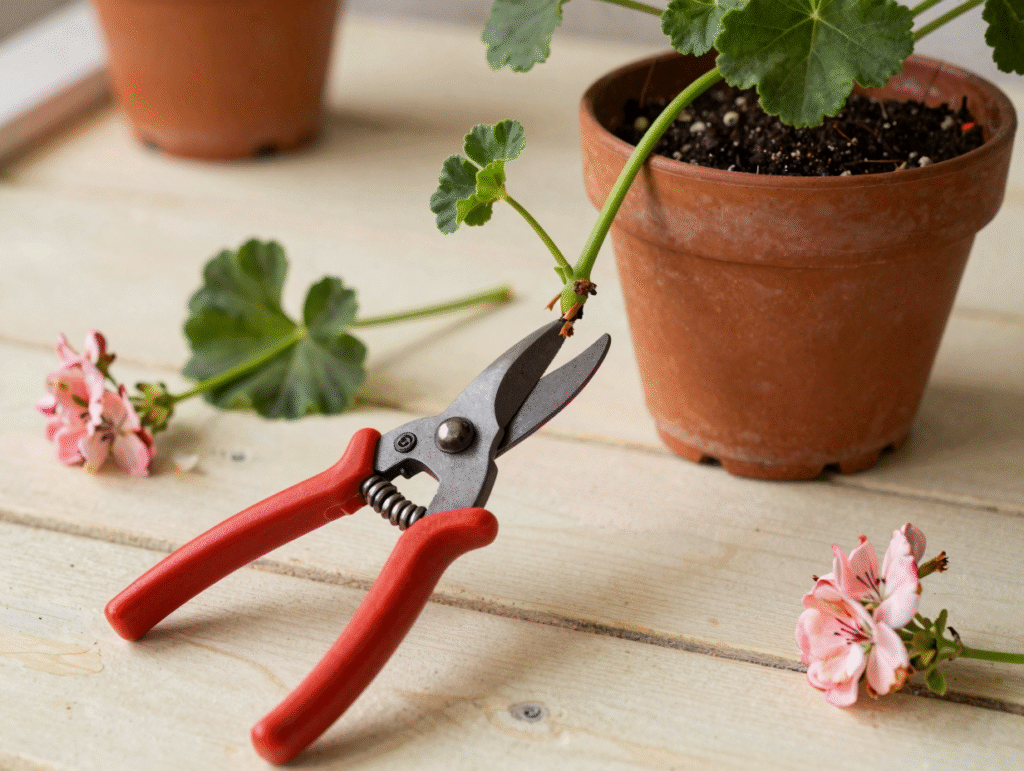 Taille d'un géranium au sécateur avant hivernage, tiges rabattues au-dessus d'un nœud