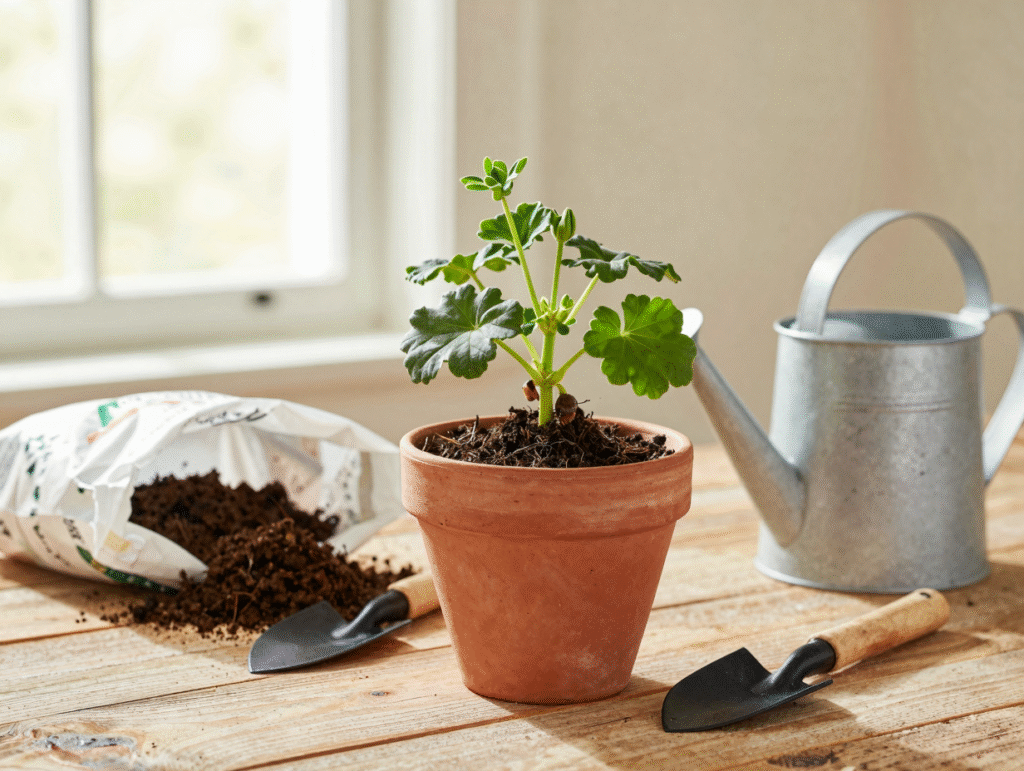 Rempotage de printemps d'un géranium montrant de jeunes pousses vertes dans un terreau neuf