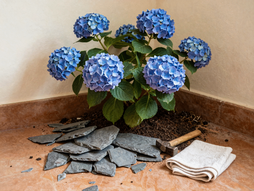 Éclats d'ardoise répartis au pied d'un hortensia aux fleurs bleues